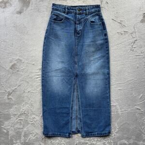 Fashion Nova High Waist Split Thigh Denim Maxi Skirt Women's XS Blue Medium Wash